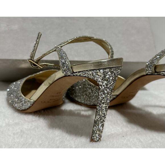 Jimmy Choo Women Sacora 85mm Glitter Sandals in Champagne - Picture 6 of 9